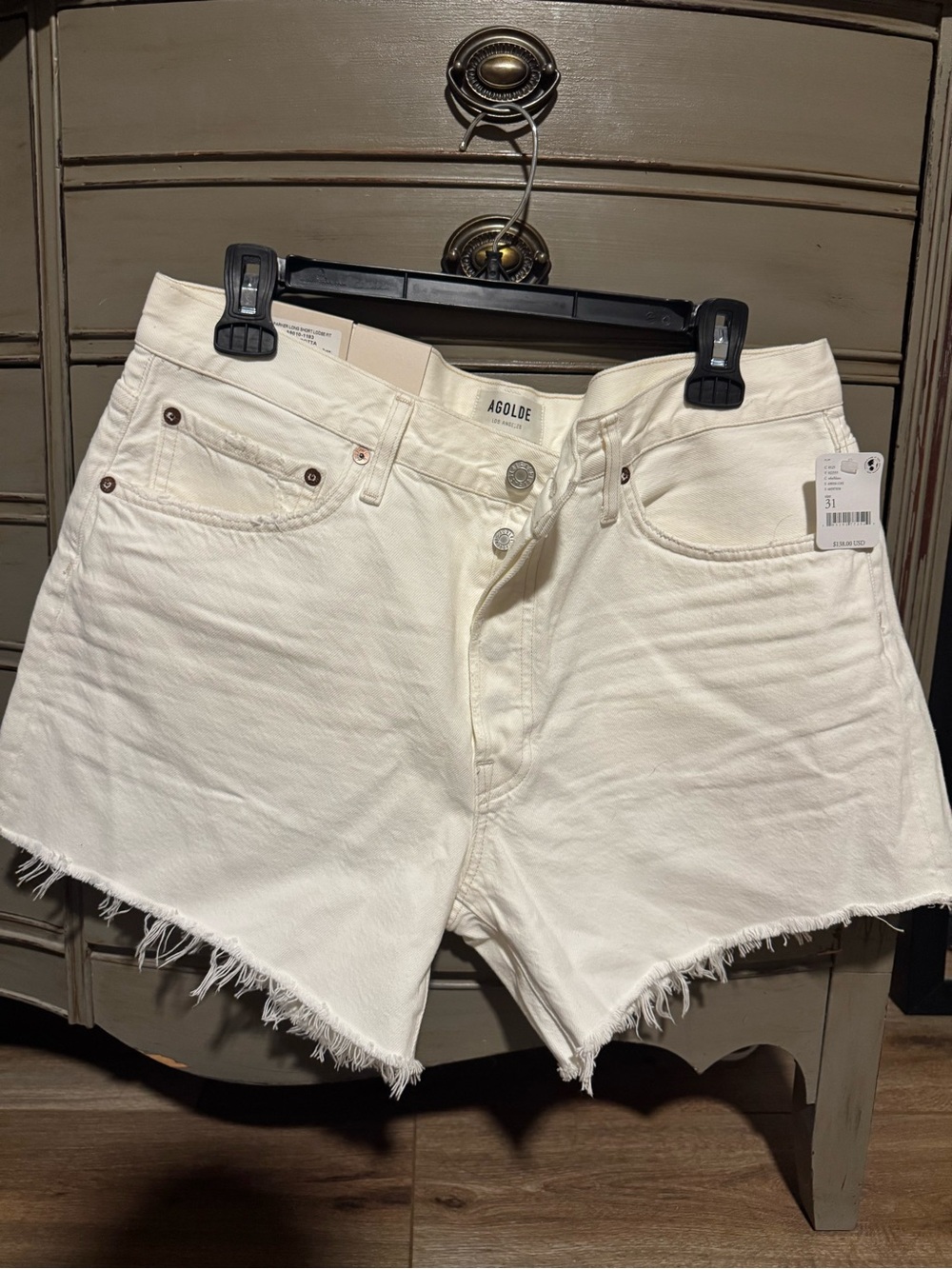 Agolde Cream High-Rise Frayed Hem Denim Shorts